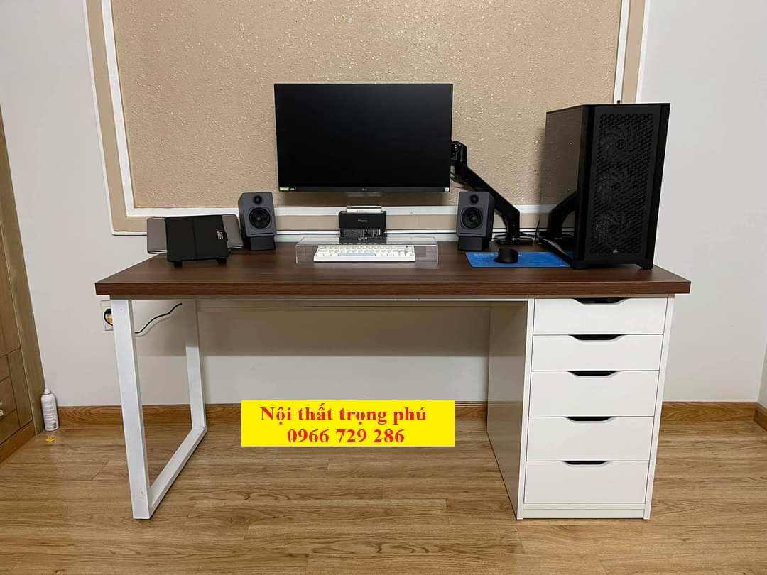 Bàn ikea 1 hộc chân trắng , mặt gỗ màu nâu