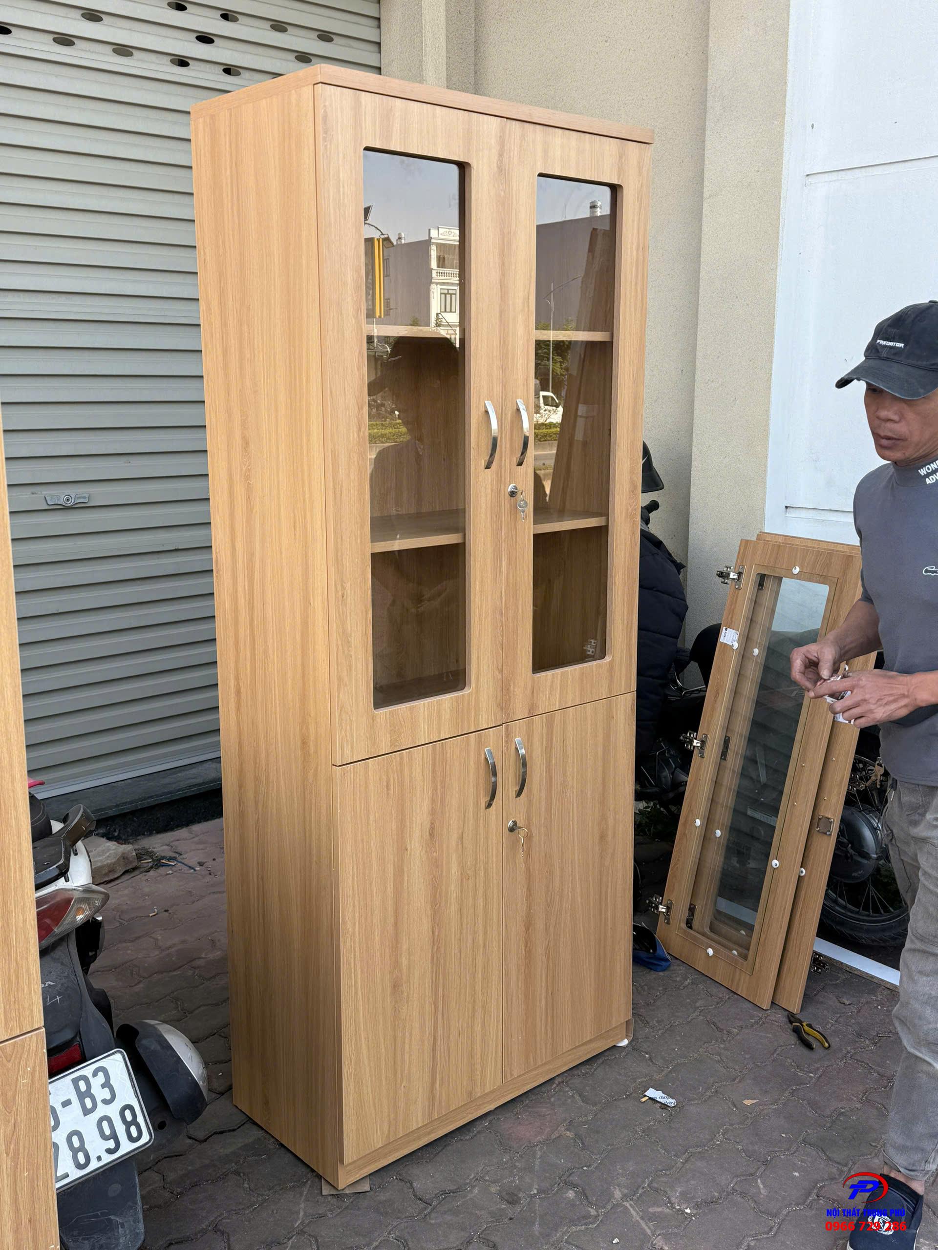 Tủ tài liệu TP-AT1960KG gỗ Melamine 2 khoang, trên kính dưới gỗ 800x400x1960mm