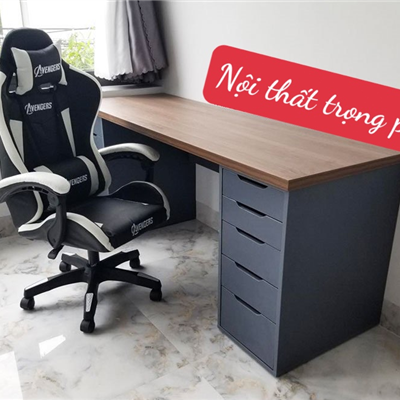 Bàn máy tính- Bàn Gaming IKEA 2 hộc tủ  60x140cm  hộc đen , mặt màu nâu